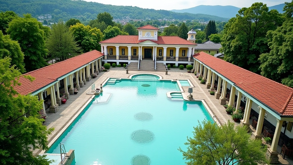 Aerial view of a Czech spa town with multiple thermal pools, colonnades, and manicured park grounds
