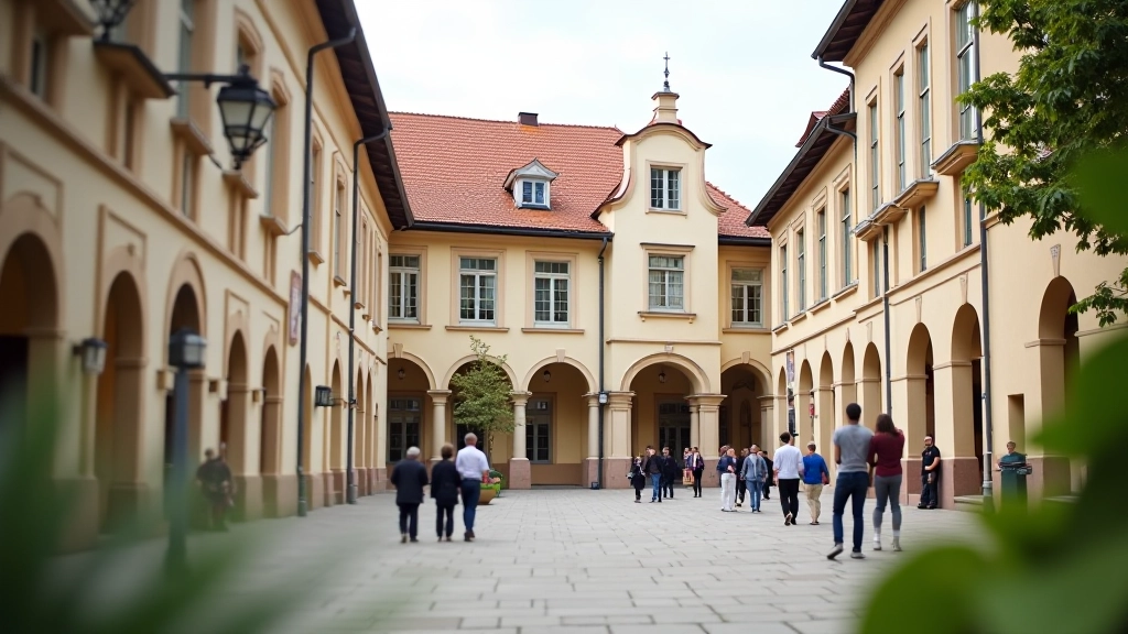 Scenic view of traditional Czech spa town architecture with historic colonnade and thermal spring buildings