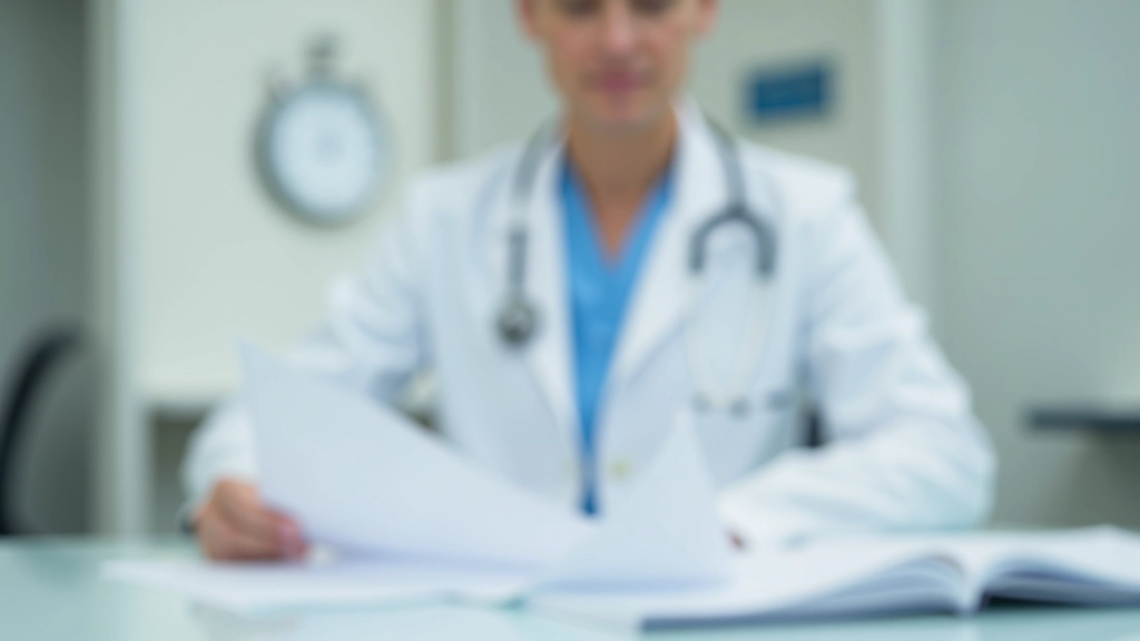 Medical consultation room with doctor reviewing patient records and health documents at desk