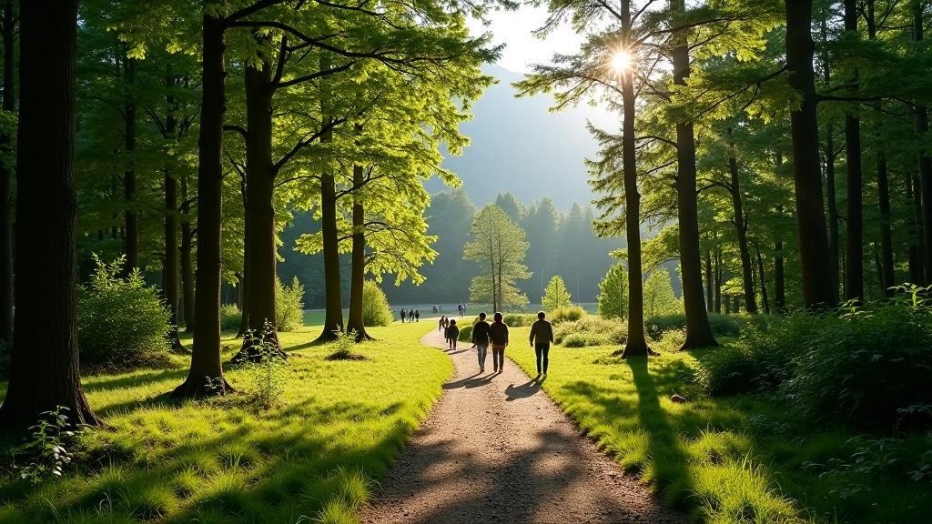 Scenic forest path near Czech sanatorium with thermal spring area and walking trails for guests