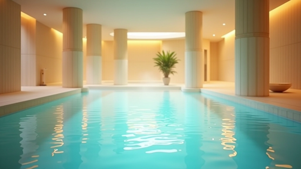Peaceful thermal pool with mineral-rich water, columns reflected in surface, soft natural lighting through glass ceiling
