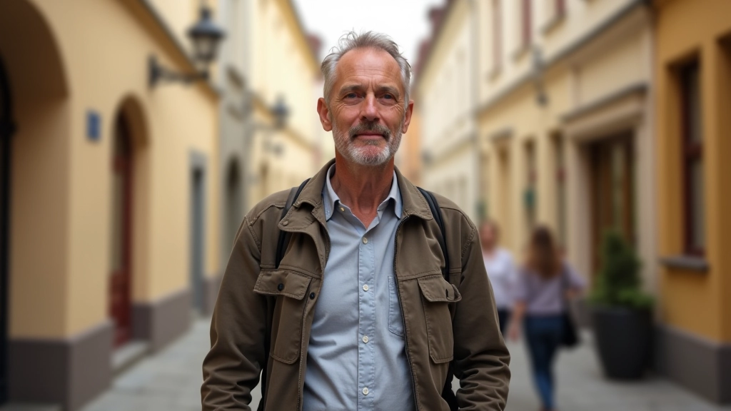 Man in his 50s walking peacefully through a spa town street lined with elegant historic buildings