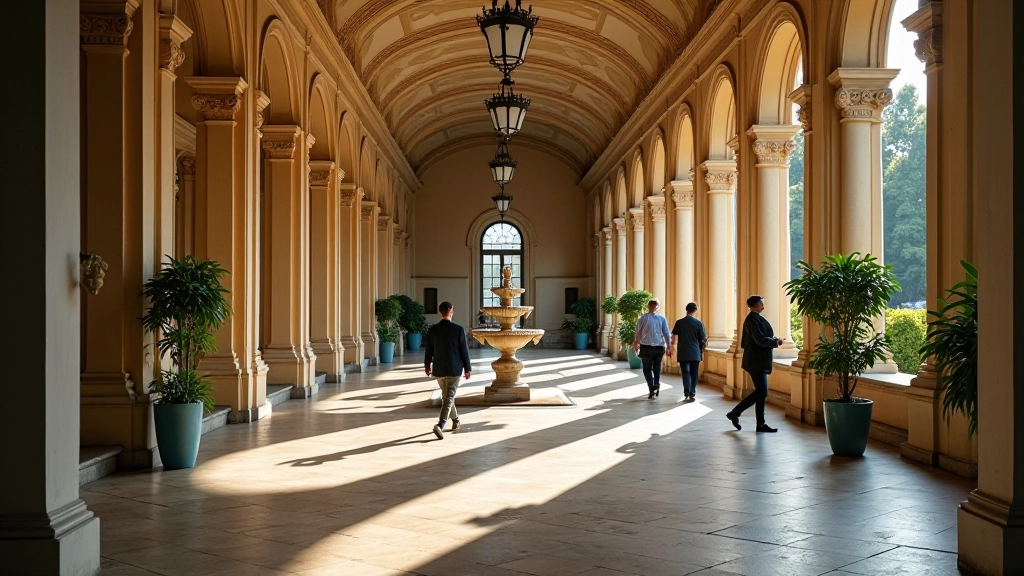 Ornate colonnades with mineral spring fountain, people walking, traditional spa architecture with golden details