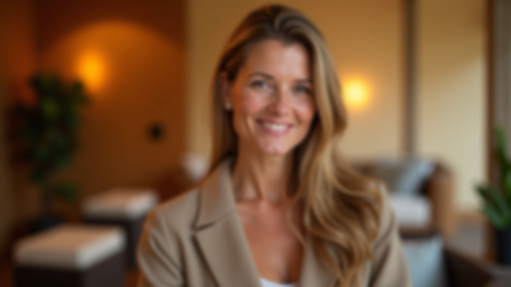 Woman aged 45-50, fully clothed in casual comfortable attire, smiling confidently in spa lounge with modern décor