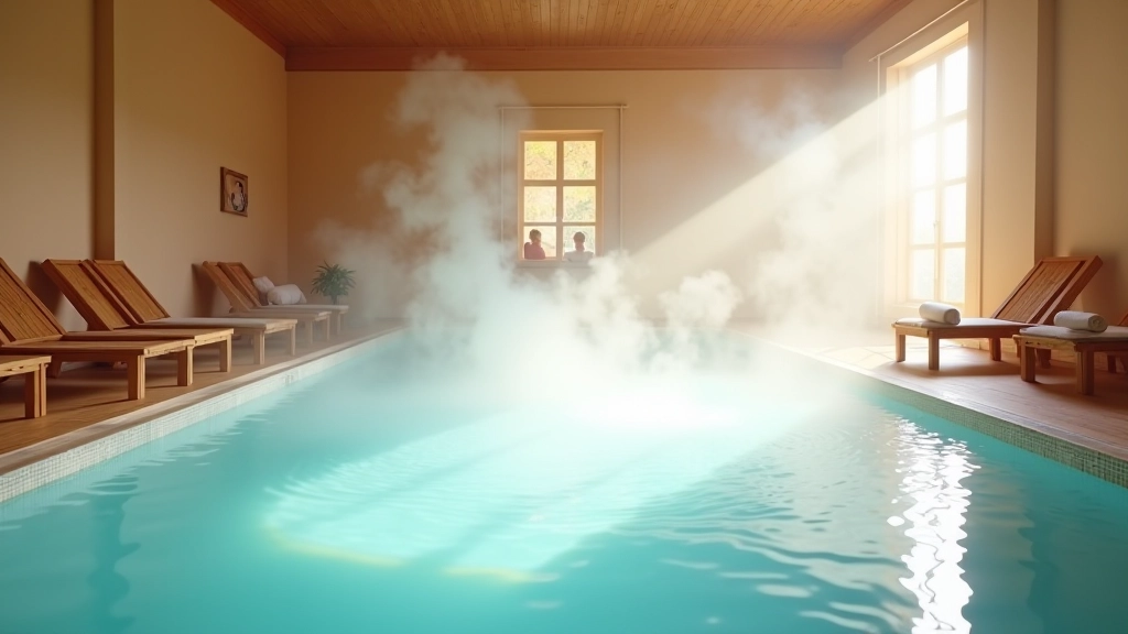 Serene indoor thermal pool with steam rising, wooden loungers nearby, soft natural light from ceiling windows