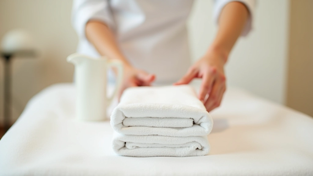 Spa therapist preparing treatment room with fresh towels, mineral water pitcher, and wellness products