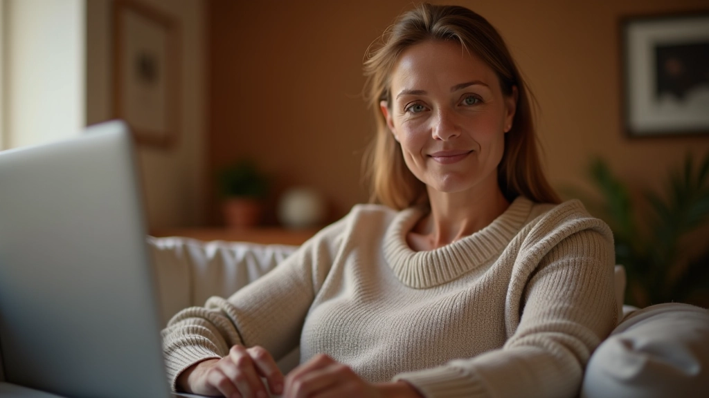 Woman looking at wellness programme options on laptop screen in comfortable home setting