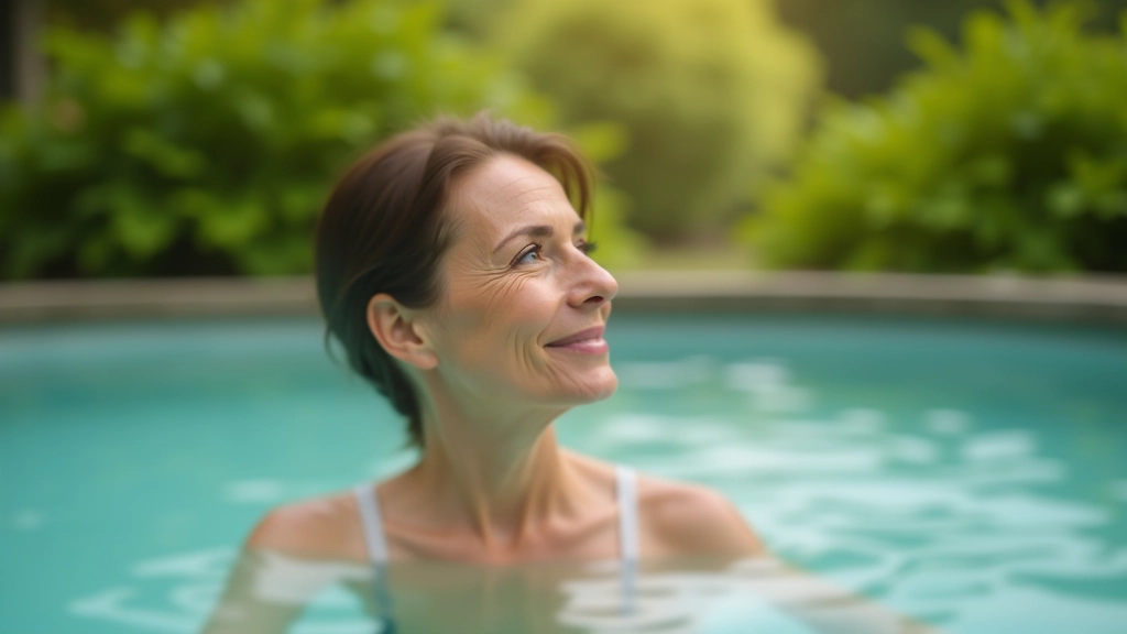 Woman in her 50s relaxing in outdoor thermal pool surrounded by lush greenery, peaceful expression, natural daylight