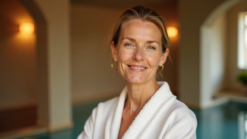 Relaxed person in thermal spa facility with soft natural lighting and peaceful atmosphere